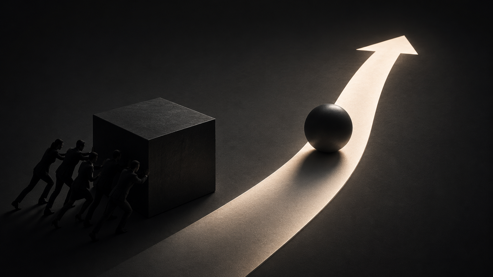 Équipe poussant un cube tandis qu'une sphère suit une trajectoire ascendante